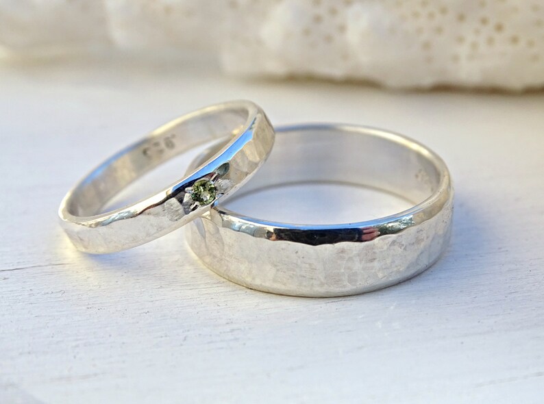 silver wedding band set, rustic silver ring set gemstone, matching promise rings his and hers, rustic wedding rings, hammered wedding rings image 9