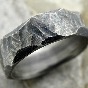 forged mens ring black silver, mens engagement ring silver, mens wedding ring silver handmade mens ring structured silver ring gift for him