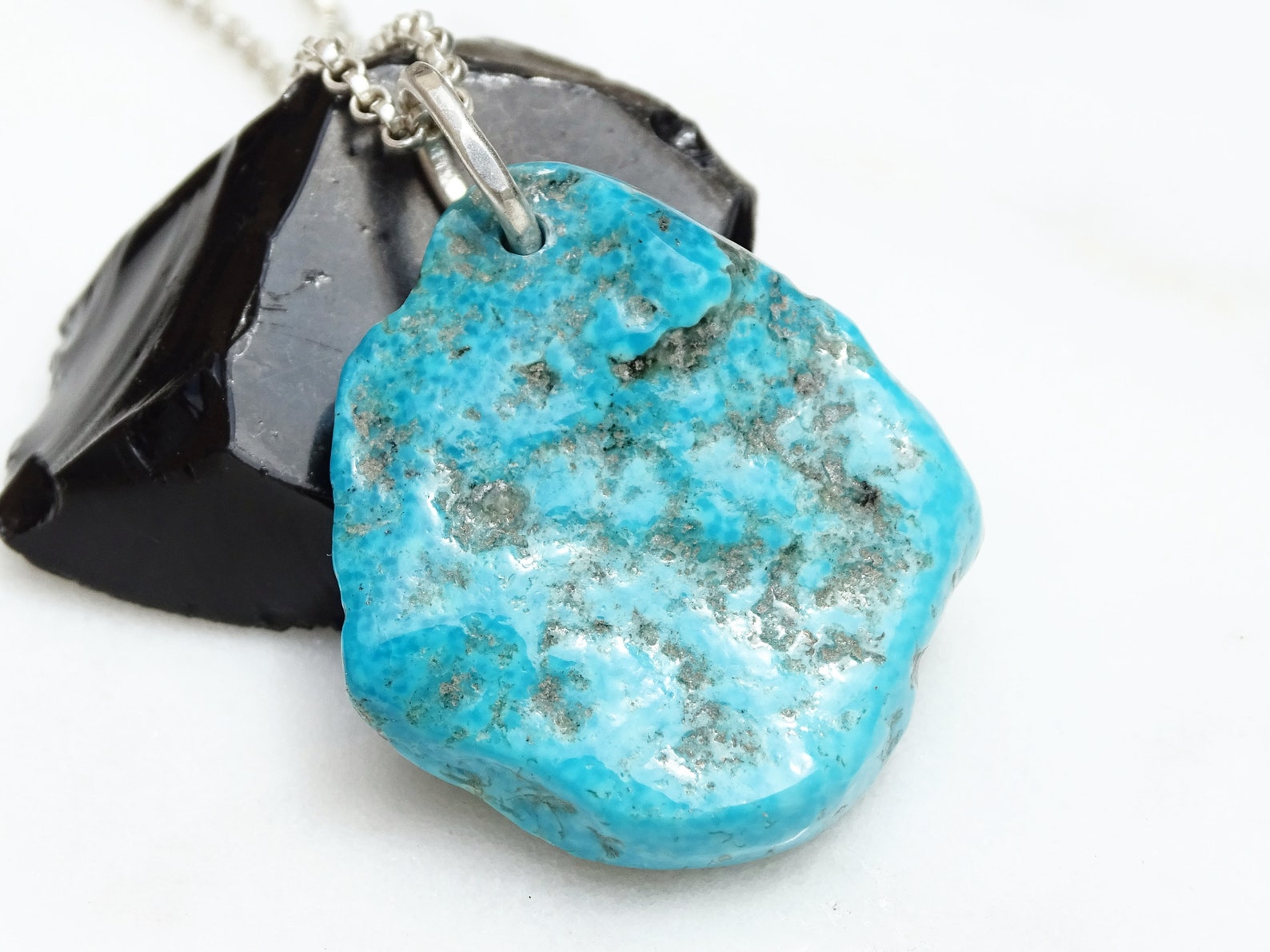 Raw turquoise pendant silver mens turquoise necklace Etsy