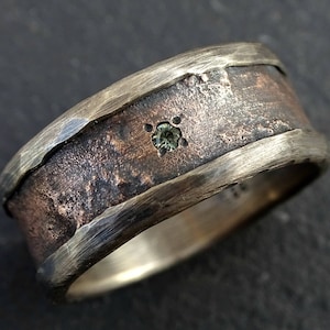 Rustic Bronze Wedding Band: Sterling Silver Liner, Sapphire Gemstone