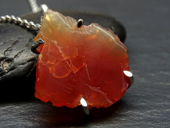 Mexican Fire Opal Necklace Silver Raw Crystal Necklace Crystal