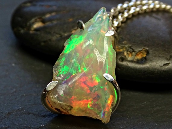 Small Opal Pendant Welo Opal Necklace Silver Uncut Opal Crystal
