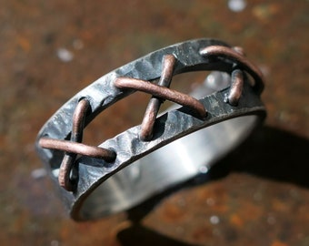 dark silver stitched ring copper, unique men's wedding ring, viking men's ring silver copper, cool thumb ring, split band ring mended ring