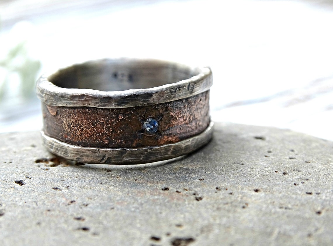 Bronze Wedding Band Silver Rustic Mens Wedding Ring Etsy