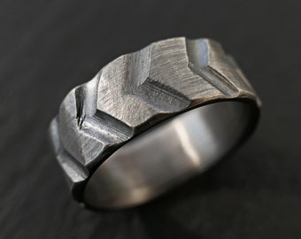 dark silver chevron ring, unique men's wedding ring, handmade wedding band, silver tire tread ring, unique gift for men anniversary gift