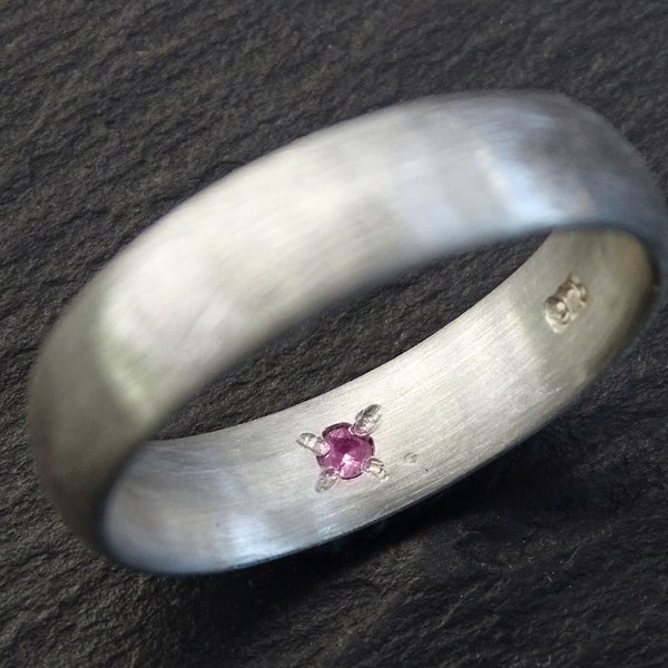 hidden gemstone silver ring, domed band with secret inside gemstone of your choice, silver wedding ring for him and her, unique gift
