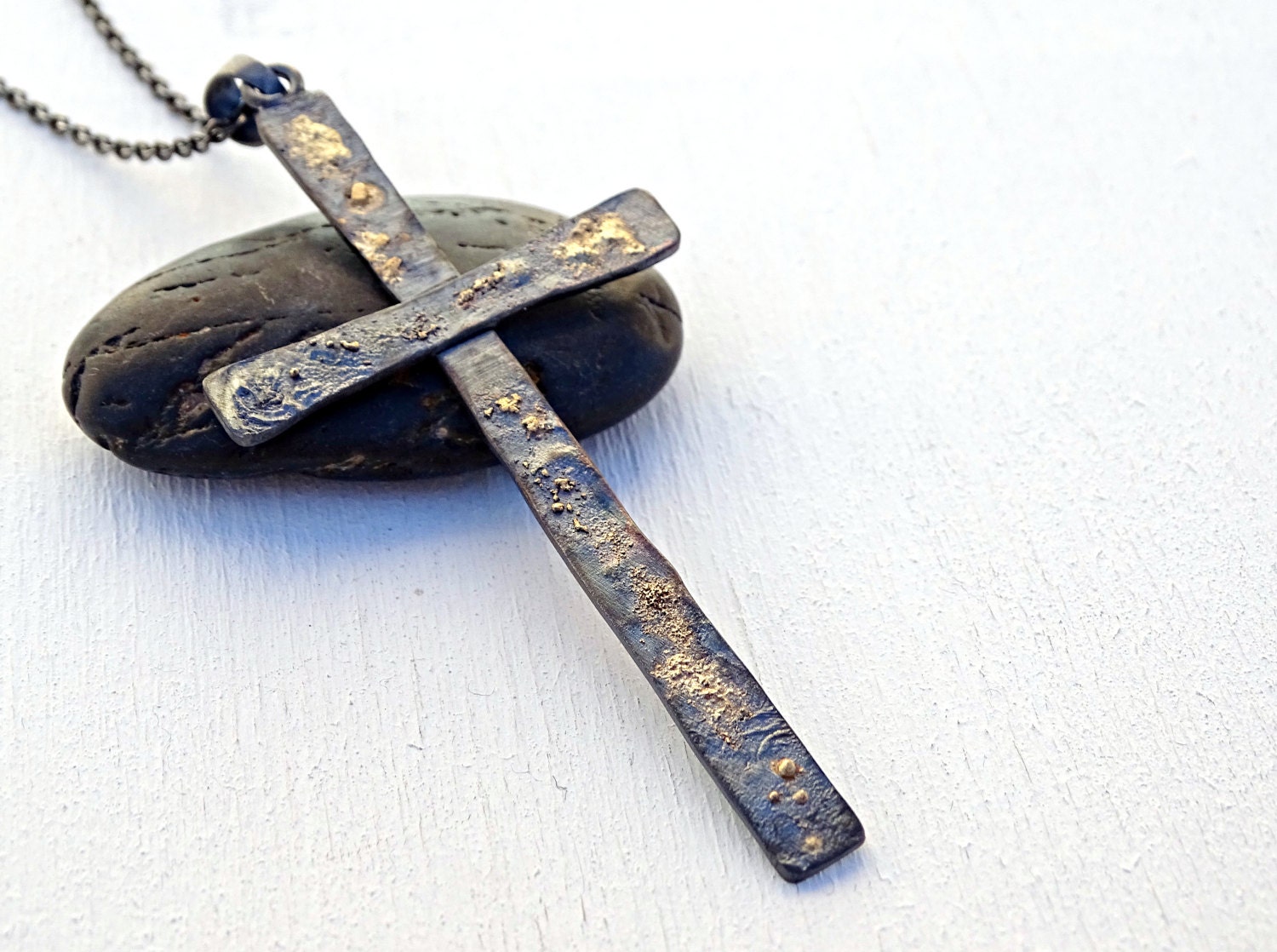 Big Mens Cross Necklace Black Silver 