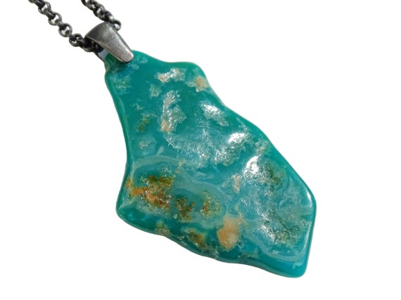Raw Turquoise Pendant Silver Mens Turquoise Necklace Turquoise
