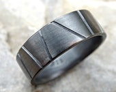 mens wedding band industrial, cool mens ring black silver promise ring men, mens engagement ring silver, architectural ring silver geometric