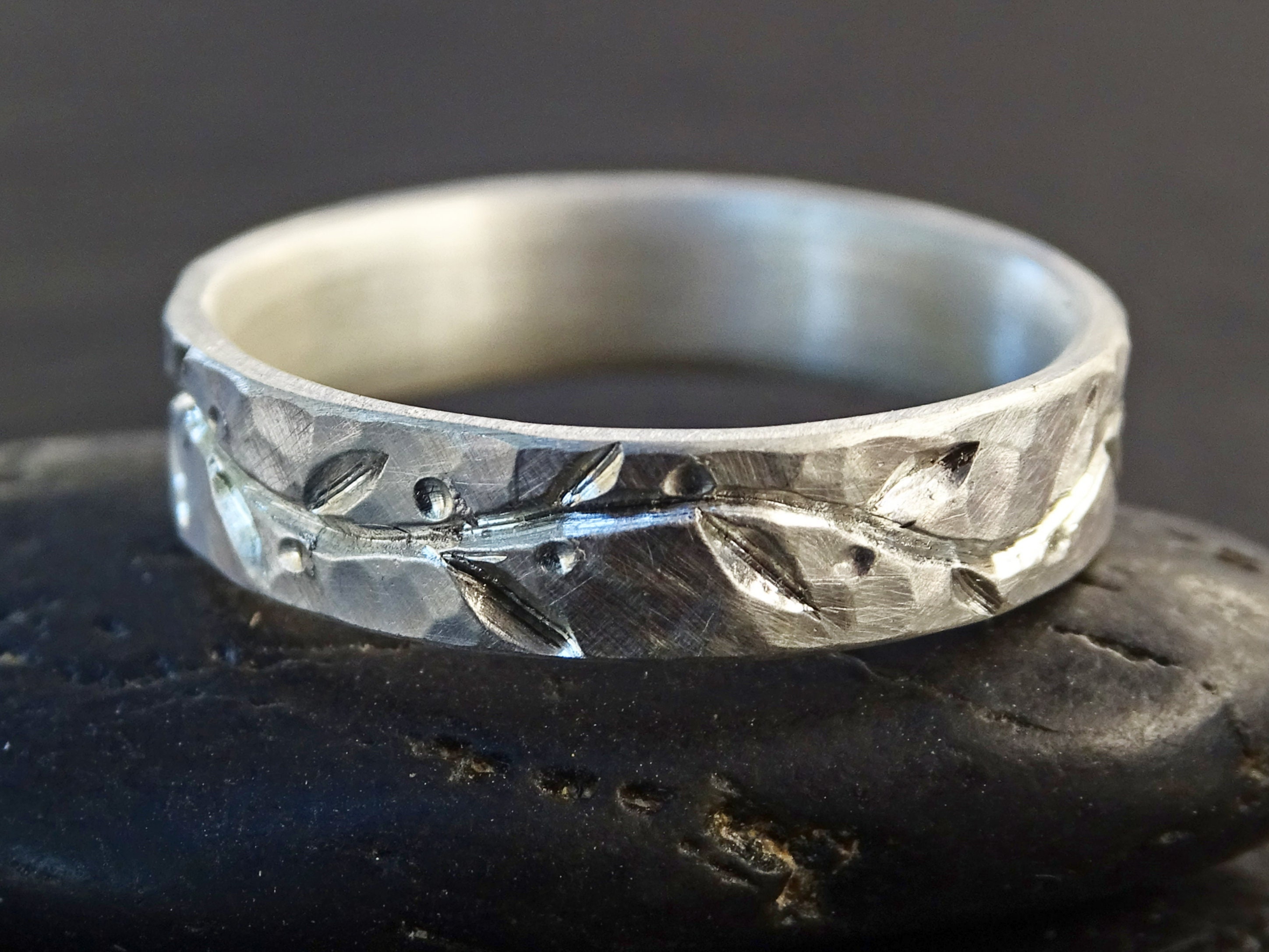 Hand Engraved Silver Vine Ring, Silver Eternity Ring, Nature