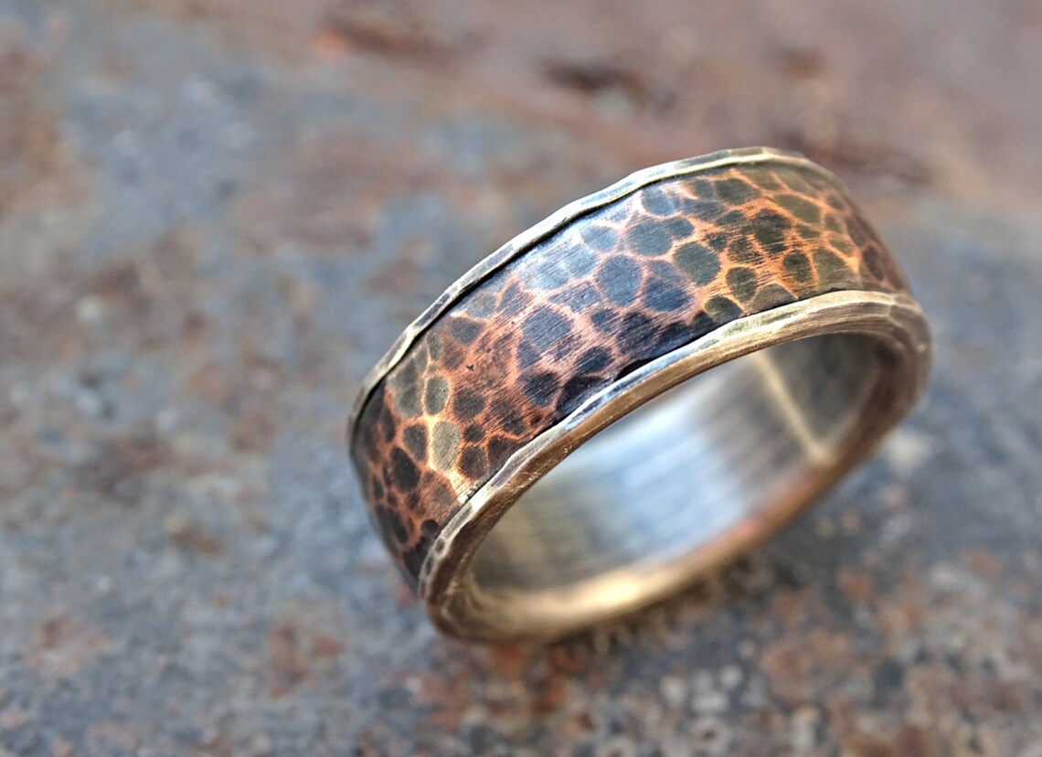 silver copper ring mens wedding band hammered