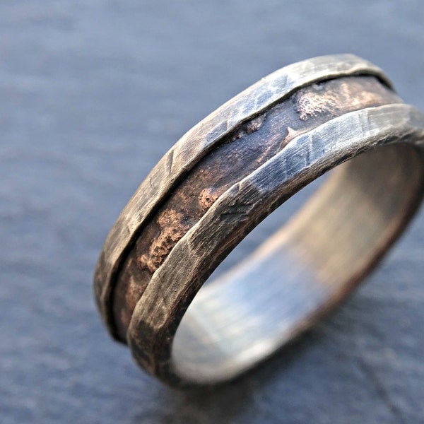 cool mens ring bronze, unique wedding band bronze silver, mens wedding band, mens engagement ring wood grain ring mens ring anniversary gift