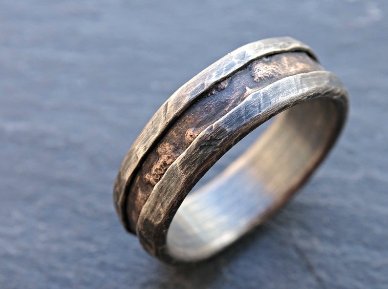 cool mens ring bronze, unique wedding band bronze silver, mens wedding band, mens engagement ring wood grain ring mens ring anniversary gift image 1