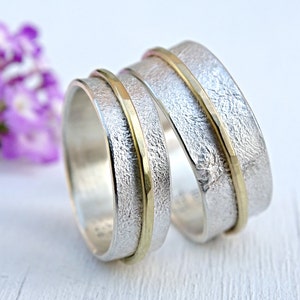 molten silver gold wedding ring set, unique wedding bands, matching rings his and hers, viking wedding rings distressed gold, vow renewal