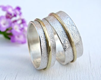 molten silver gold wedding ring set, unique wedding bands, matching rings his and hers, viking wedding rings distressed gold, vow renewal