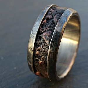cool mens ring copper silver, mens wedding band copper silver, viking wedding ring, rugged mens ring engagement ring for him wood grain ring