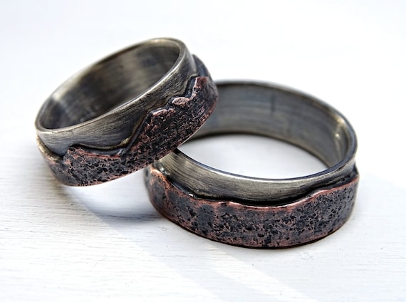 Mountain Wedding Band Set Mountain Range Rings Outdoor Wedding