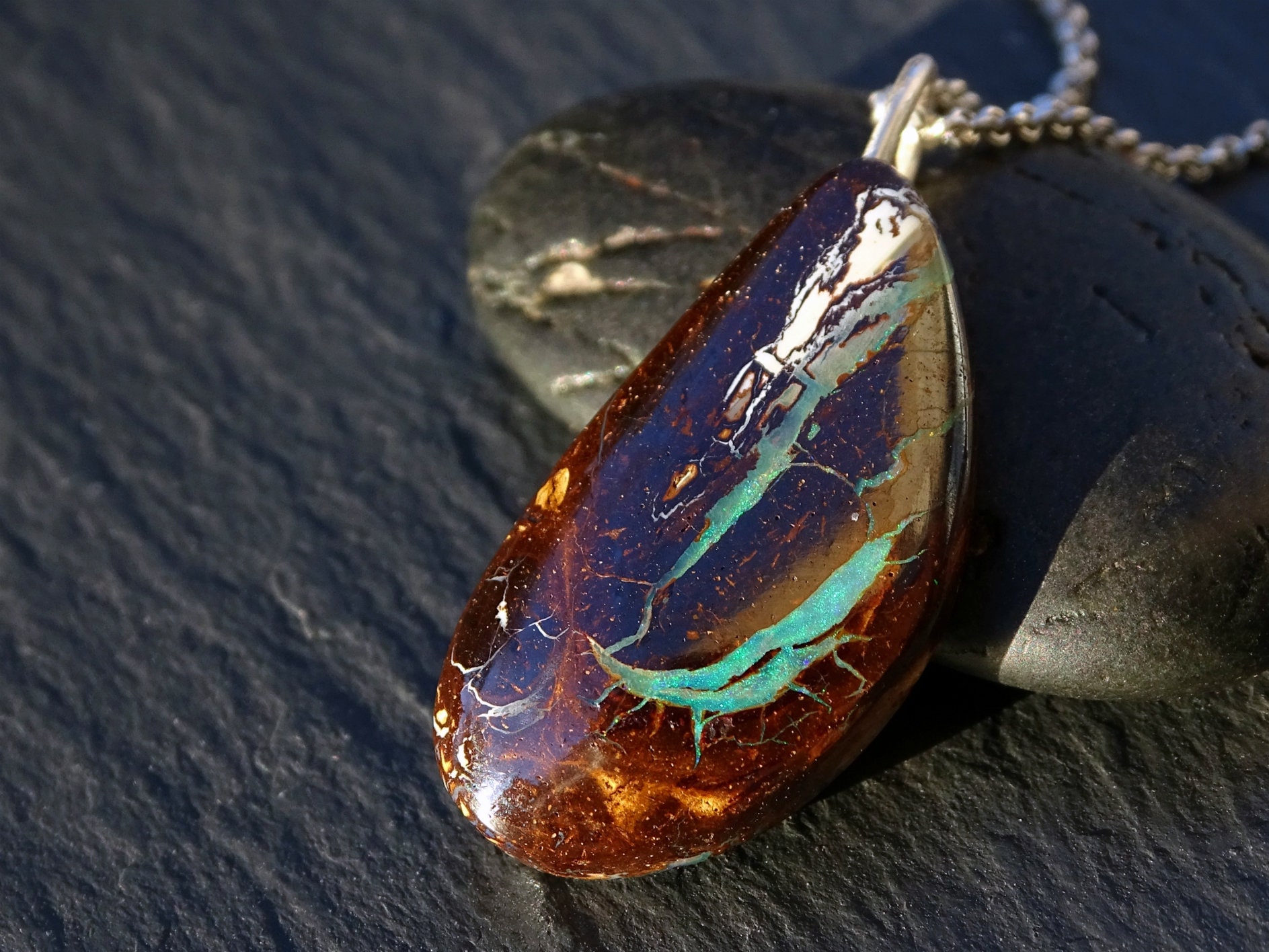 Australian Boulder Opal Pendant: Sterling Silver Necklace, October