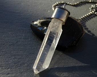 big quartz pendant black silver, raw rock crystal pendant mens, quartz crystal necklace, viking crystal necklace, mens crystal pendant gift