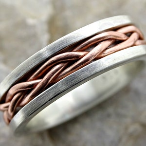braided silver ring copper, cool wedding for men, viking wedding ring mens medieval wedding band mixed metal, anniversary gift for husband