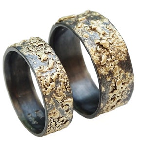unique wedding bands gold silver, molten wedding ring set, matching rings his and hers, promise rings mixed metal, viking wedding rings