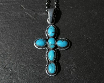 blue turquoise cross necklace black silver, rustic black silver cross pendant, unique gift for her, birthstone jewelry, gift for men