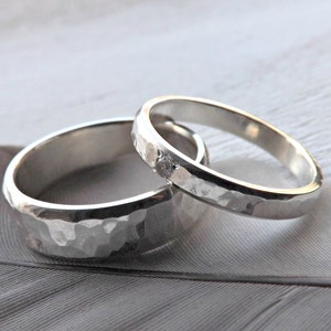 silver wedding band set, rustic silver ring set gemstone, matching promise rings his and hers, rustic wedding rings, hammered wedding rings image 8