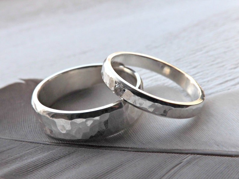 silver wedding band set, rustic silver ring set gemstone, matching promise rings his and hers, rustic wedding rings, hammered wedding rings image 8