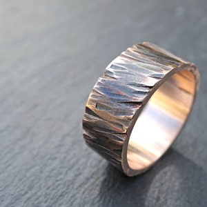 wide bronze ring, rustic mens ring bronze, structured ring bronze, ring tree bark pattern mens personalized ring, bronze anniversary gift