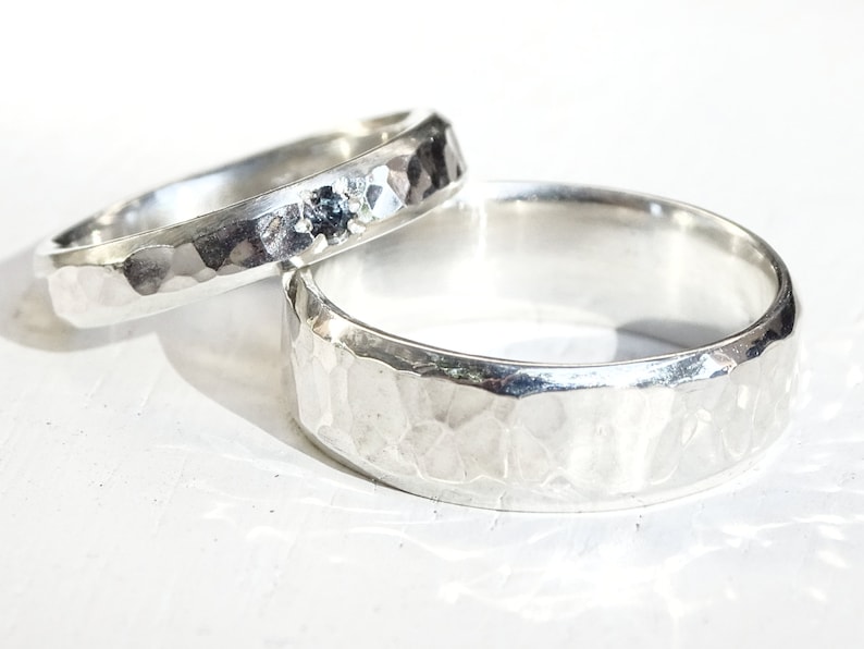 silver wedding band set, rustic silver ring set gemstone, matching promise rings his and hers, rustic wedding rings, hammered wedding rings image 1