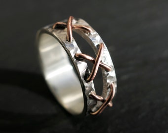 stitched ring copper silver, unique men's ring silver, viking wedding ring silver copper, cool thumb ring, unique anniversary gift for her
