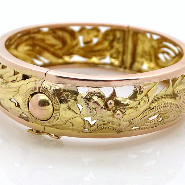 fine gold bangle dragon phoenix bracelet 14k gold, traditional Chinese gold bracelet, two tone gold bangle, wedding gift for her