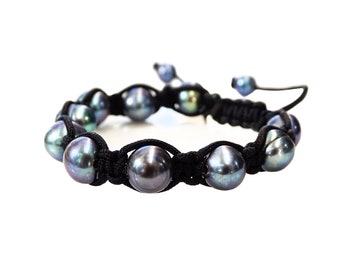 braided black pearl bracelet, adjustable baroque pearl bracelet, mens pearl bracelet, knotted bracelet for her, unisex pearl bracelet