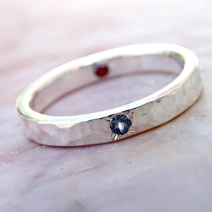 silver wedding ring gemstone, alternative engagement ring silver, ring hidden gemstone, two birthstone ring personalized gift for women
