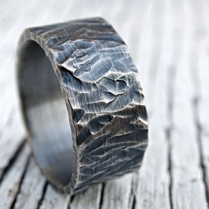 Forged Sterling Silver Mens Ring: Rustic Hammered Wedding Band