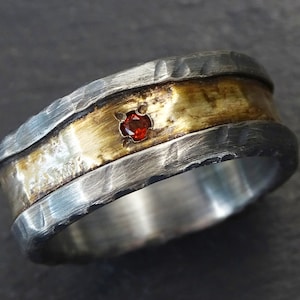 bold molten brass and silver ring with gemstone of your coice, unique men&#39;s wedding band, viking wedding ring, gift for him, gift for men