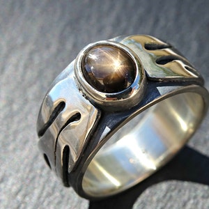 Black Star Sapphire Ring, Unique Men's Ring, Unique Wedding Band, Big ...