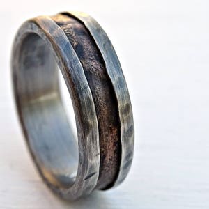 cool mens ring bronze, unique wedding band bronze silver, mens wedding band, mens engagement ring wood grain ring mens ring anniversary gift image 2