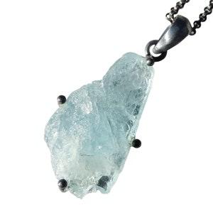 big aquamarine pendant black silver necklace, raw gemstone pendant, blue crystal necklace for men, unique anniversary gift women