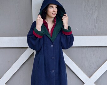 Vintage Herman Kay Wool Navy Green Maroon Colorblock Hooded Zip Up Large Winter Overcoat