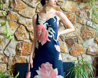 Vintage Silk Y2K Painted Silk Bias Cut Long Rose Dress