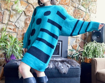 Vintage 80&#39;s Turquoise Jungle Green Abstract Pop Art Long Sleeve Shoulder Pads Short Oversized Sweater Dress