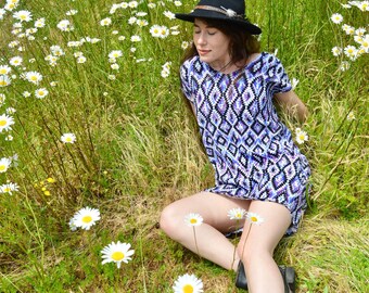 Y2K Violet Purple Black White Graphic Geometric Print Short Tunic Shirt Dress Minidress
