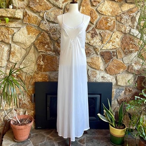 Vintage 80s 90s Val Mode Long White Satin Backless Lingerie Slip Dress Nightgown with Sheer Mesh Floral Applique