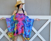 Psychedelic Vintage 90 39 s Rainbow Tropical Fish Print Vacation Sarong Short Cold Shoulder Kaftan Beach Hippie Dress with Fringe