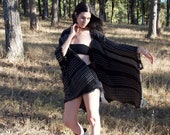 SUPER SOFT Light Warm Oversized Black and White Striped Knit Boho Hippie Imitation Wool Kimono Blanket Wrap Shawl