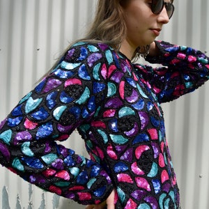 INCREDIBLE Gorgeous Vintage 80's Sparkly Blue Purple Pink Sequined Beaded Black Silk Zip Up Dressy Flamboyant Disco Party Top Blouse