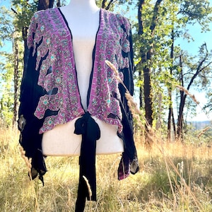 Handmade in India Upcycled Black Sheer Pink Embroidered Sequined Beaded Recycled Sari Chiffon Kimono Wrap Top