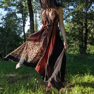 Vintage Black Red Ombre Embroidered Sheer Lace Trim Indian Sari Silk Backless Halter Summer Hippie Dress
