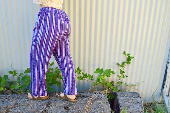 Sweet Vintage Purple Blue Striped Woven Baggy Elas